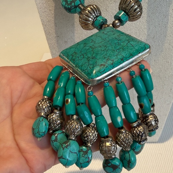 Vintage Jewelry - Turquoise Tibetan Silver Necklace and Earring Set